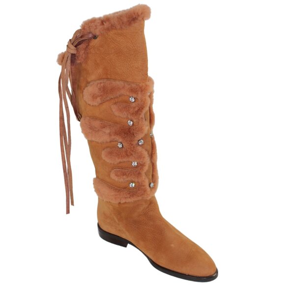 Russell & Bromley Rust Brown Leather Shearling Stud Accent Tall Boot, Size 36.5 - Picture 6 of 12